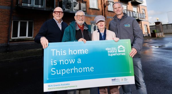 Homeowners Noel & Alison giving their testimonial about their experience with Electric Ireland Superhomes to Head Retrofit Advisor David and Brand Ambassador Hugh Wallace